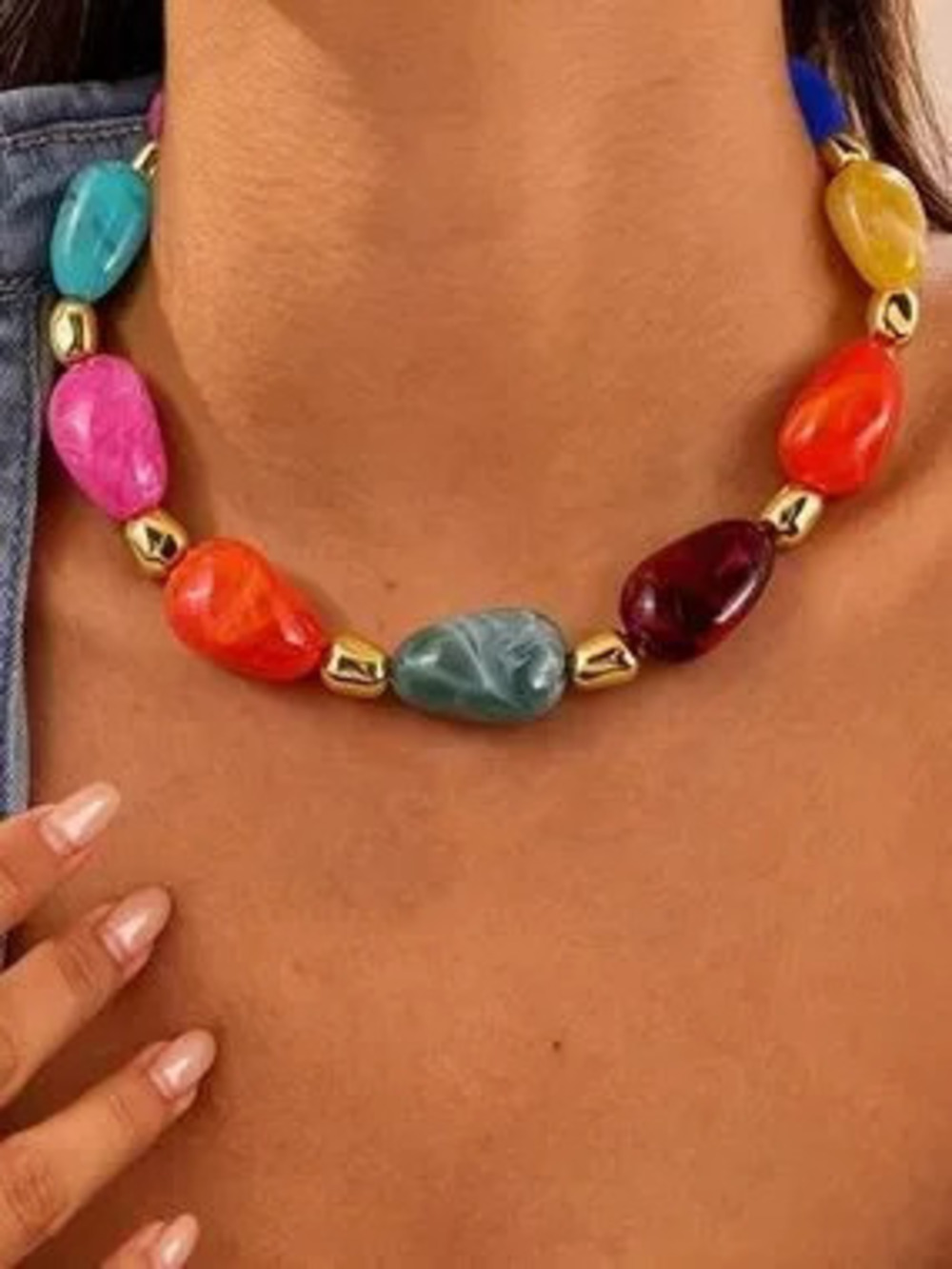 New Anthropologie Bold Multicolor Beaded Necklace with Gold Accents